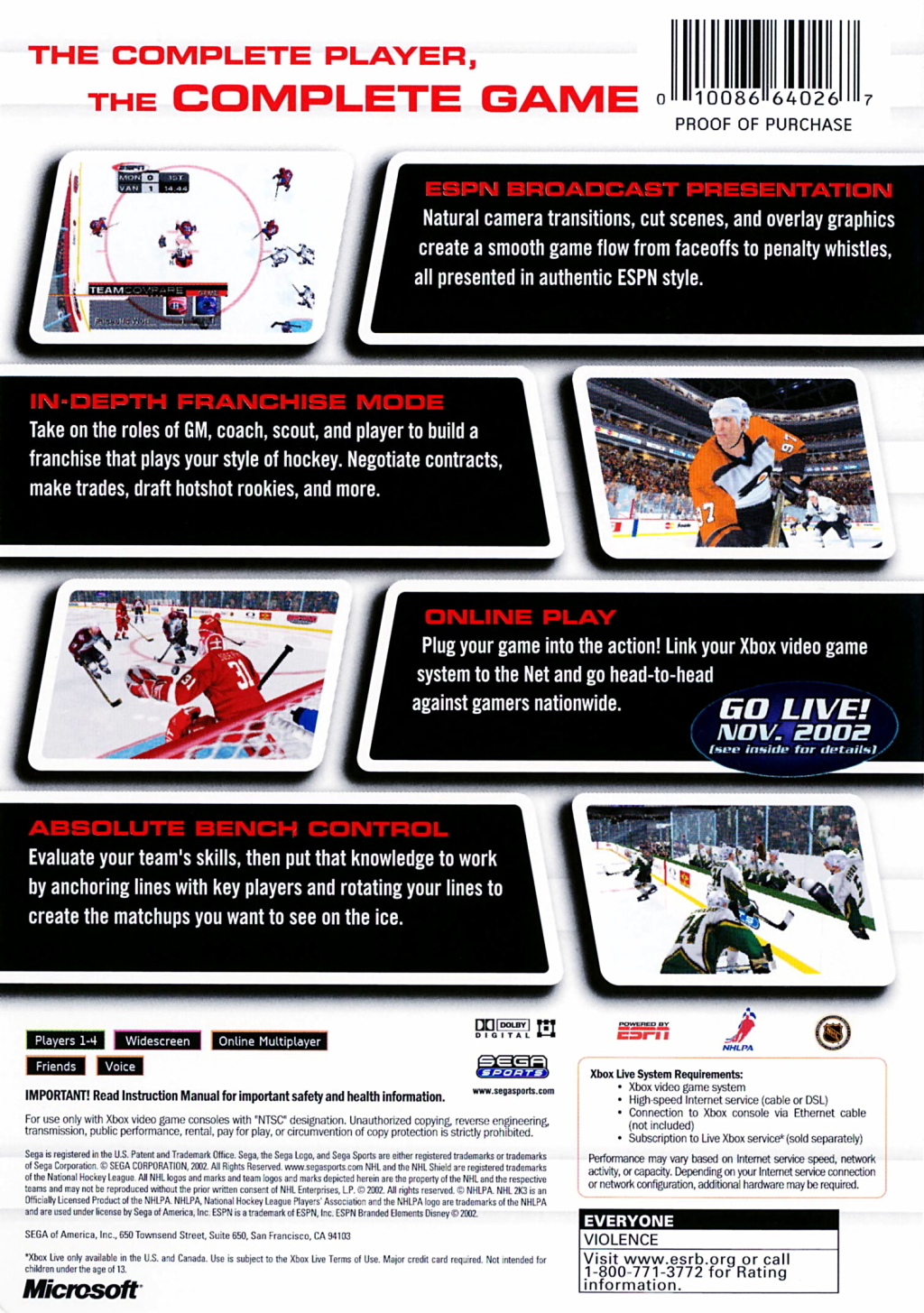 Back boxart of the game NHL 2K3 (United States) on Microsoft Xbox