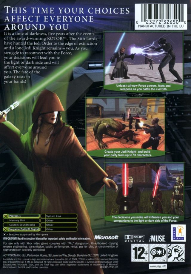 Back boxart of the game Star Wars - Knights of the Old Republic II - The Sith Lords (Europe) on Microsoft Xbox