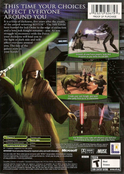 Back boxart of the game Star Wars - Knights of the Old Republic II - The Sith Lords (United States) on Microsoft Xbox