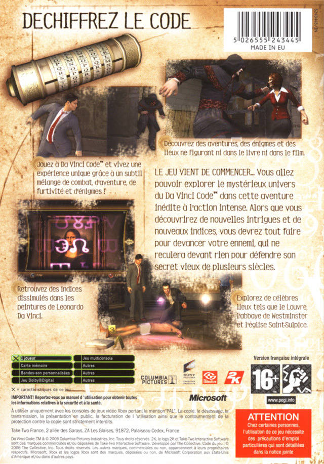 Back boxart of the game Da Vinci Code, The (Europe) on Microsoft Xbox