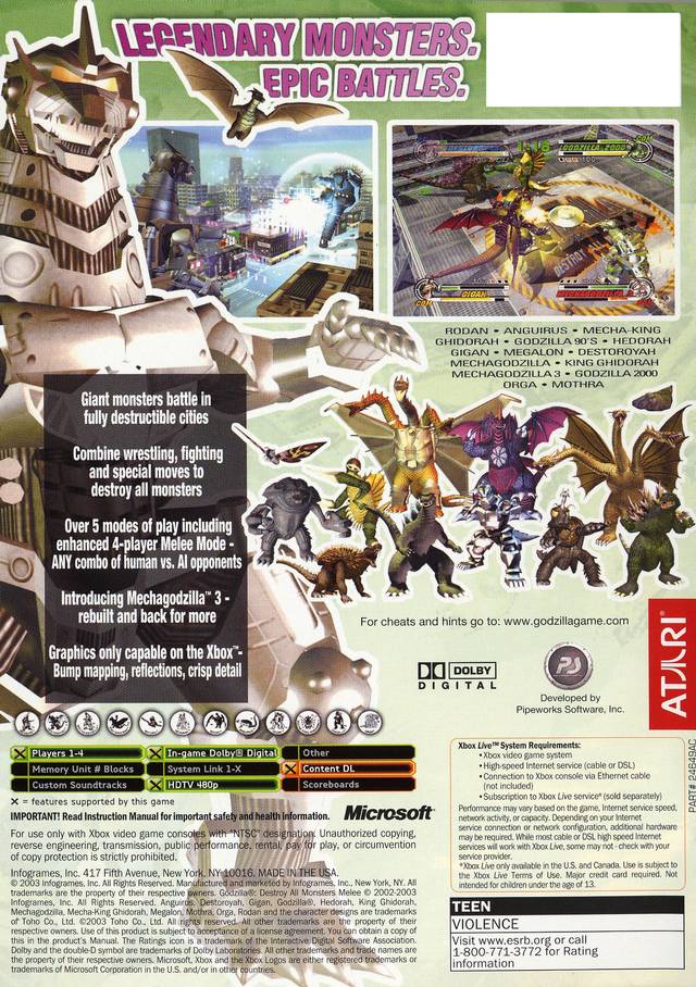 Back boxart of the game Godzilla - Destroy All Monsters Melee (United States) on Microsoft Xbox