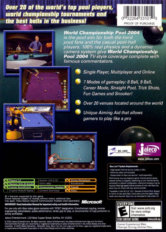Back boxart of the game World Championship Pool 2004 (United States) on Microsoft Xbox