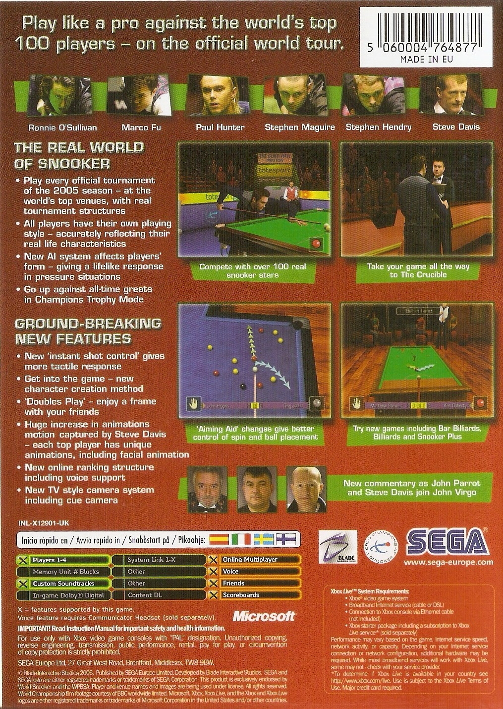 Back boxart of the game World Snooker Championship 2005 (Europe) on Microsoft Xbox