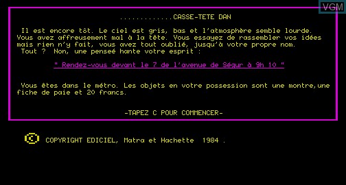 Title screen of the game Casse-Tete dans le Metro on Matra-hachette / Tandy Alice (MC-10)