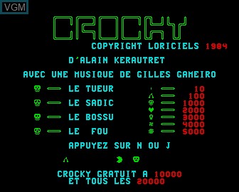 Title screen of the game Crocky on Matra-hachette / Tandy Alice (MC-10)