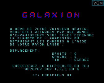 Title screen of the game Galaxion on Matra-hachette / Tandy Alice (MC-10)