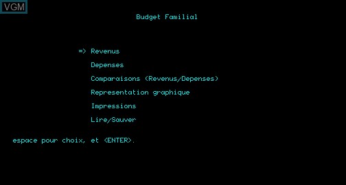 Menu screen of the game Budget Familial on Matra-hachette / Tandy Alice (MC-10)