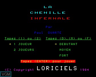 Menu screen of the game Chenille Infernale, La on Matra-hachette / Tandy Alice (MC-10)
