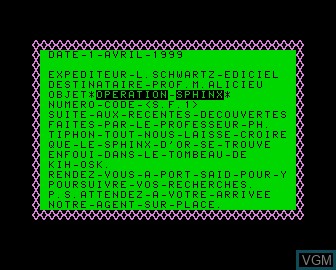 Menu screen of the game Sphinx d'Or, Le on Matra-hachette / Tandy Alice (MC-10)