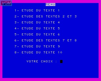 Menu screen of the game Faire le Point Bac - Francais 1 on Matra-hachette / Tandy Alice (MC-10)