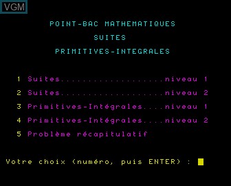 Menu screen of the game Faire le Point Bac - Maths 2 on Matra-hachette / Tandy Alice (MC-10)