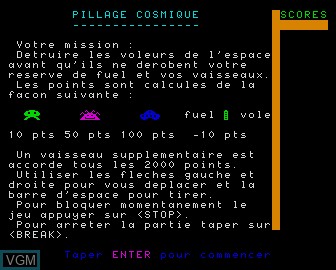 Menu screen of the game Pillage Cosmique on Matra-hachette / Tandy Alice (MC-10)