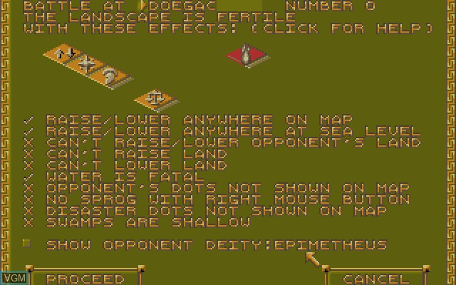 Menu screen of the game Populous II on Commodore Amiga