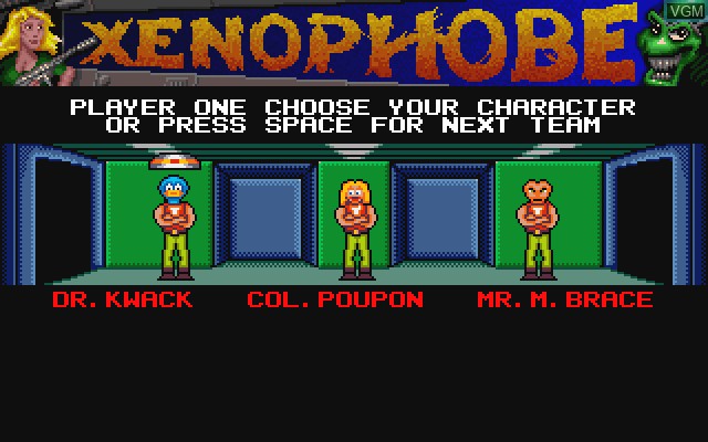 Menu screen of the game Xenophobe on Commodore Amiga