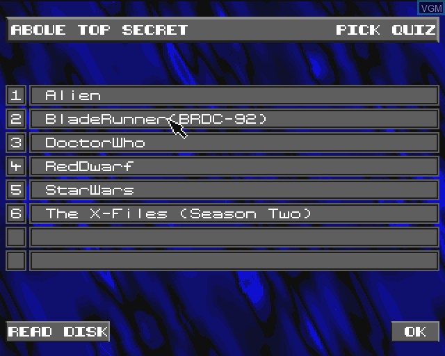 Menu screen of the game Above Top Secret on Commodore Amiga