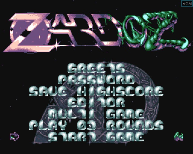 Menu screen of the game Zardoz on Commodore Amiga
