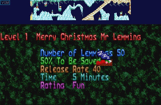 Menu screen of the game Lemmings - Xmas Lemmings 1991 on Commodore Amiga