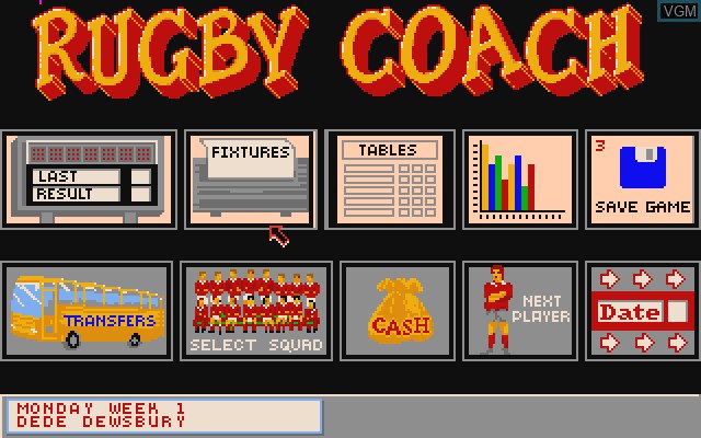 Menu screen of the game Rugby Coach on Commodore Amiga