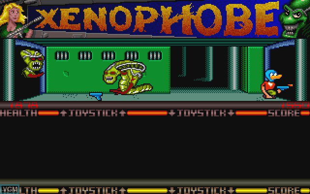 In-game screen of the game Xenophobe on Commodore Amiga