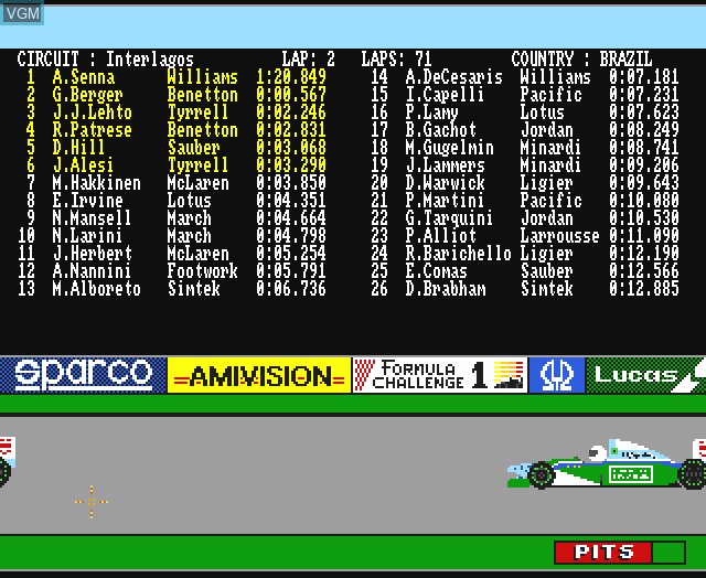 In-game screen of the game Formula One Challenge on Commodore Amiga