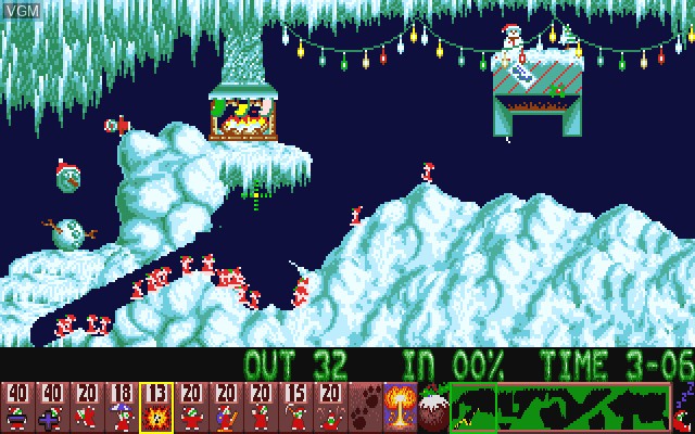 In-game screen of the game Lemmings - Xmas Lemmings 1991 on Commodore Amiga