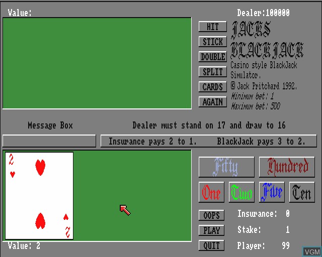In-game screen of the game Jacks BlackJack on Commodore Amiga