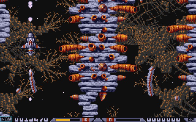 In-game screen of the game Xenon 2 on Commodore Amiga