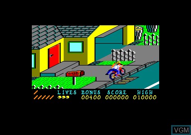In-game screen of the game Paperboy on Amstrad CPC