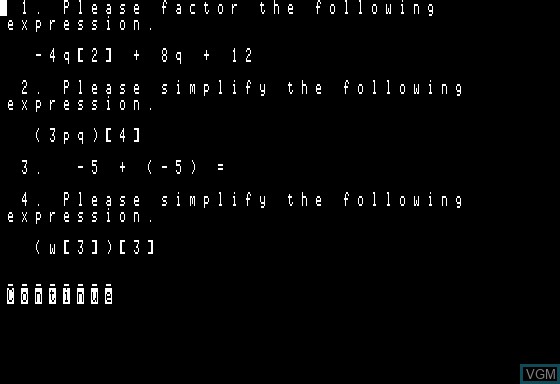 In-game screen of the game Algebra Mentor Test Generator on Apple II