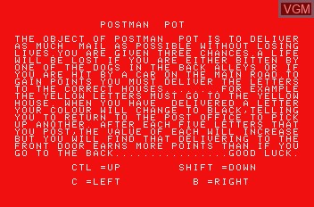 Menu screen of the game Postman Pot on Mattel Aquarius