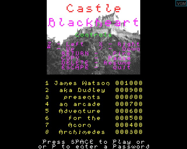 Menu screen of the game Castle Black Heart on Acorn Archimedes