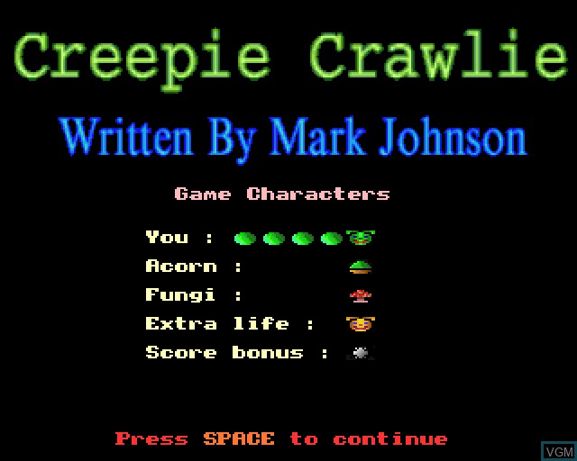 Menu screen of the game Creepie Crawlie 1 & 2 on Acorn Archimedes