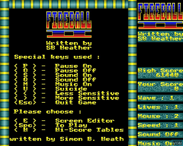 Menu screen of the game Fireball II on Acorn Archimedes