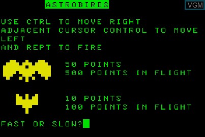 Title screen of the game AstroBirds on Acorn Atom