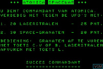 Title screen of the game Atomica Spacewar on Acorn Atom