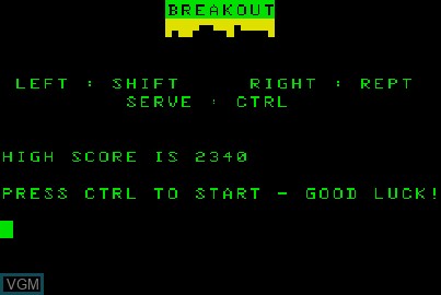 Title screen of the game Breakout 2 on Acorn Atom