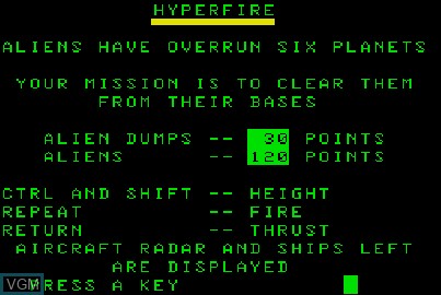 Title screen of the game Hyperfire on Acorn Atom