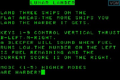 Title screen of the game Lunar Lander on Acorn Atom