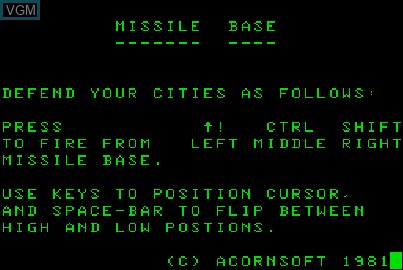 Title screen of the game Missile Base on Acorn Atom