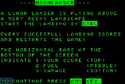 Title screen of the game Moonlander on Acorn Atom