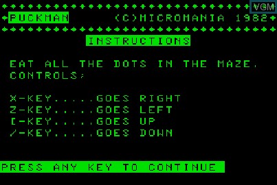 Title screen of the game Puckman on Acorn Atom