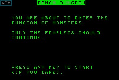 Menu screen of the game Demon Dungeon on Acorn Atom