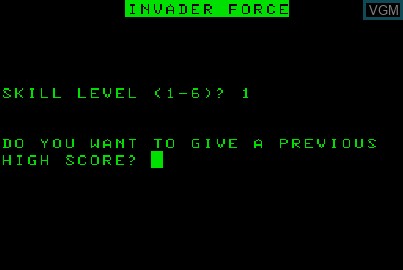 Menu screen of the game Invader Force on Acorn Atom