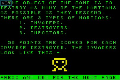Menu screen of the game Martians, The on Acorn Atom