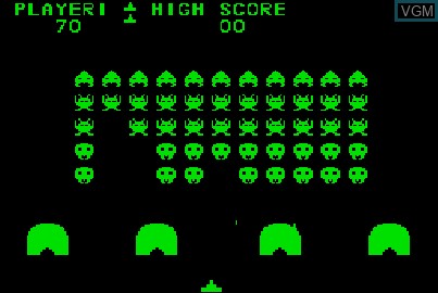 In-game screen of the game Atom Invaders on Acorn Atom