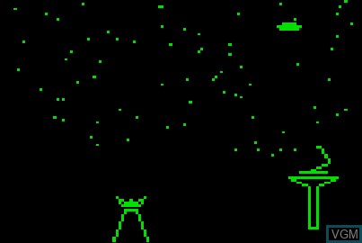 In-game screen of the game Atomica Spacewar on Acorn Atom