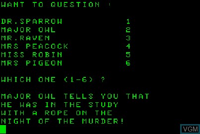 In-game screen of the game Murder at the Manor on Acorn Atom