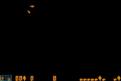 In-game screen of the game Boms Away on Acorn Atom