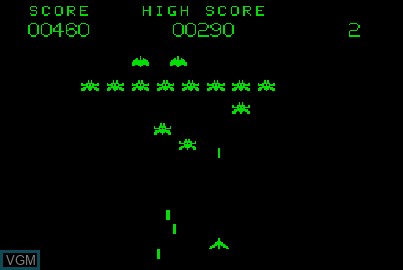 In-game screen of the game Galaxians on Acorn Atom