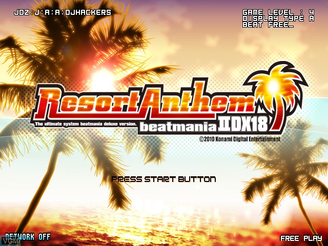 Title screen of the game Beatmania IIDX 18 Resort Anthem on Konami Bemani PC Type